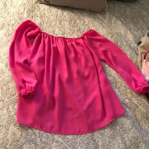 Off the shoulder pink long sleeve silky top